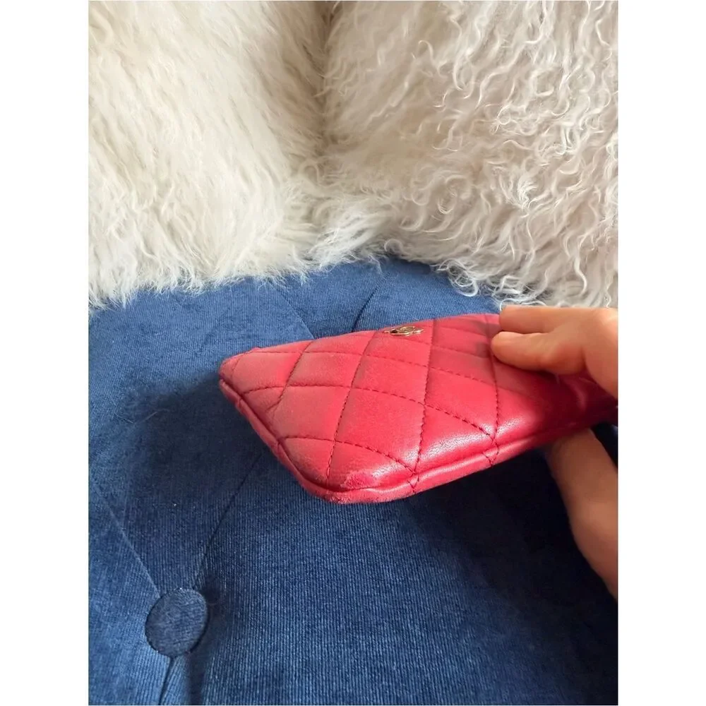 CHANEL Red Quilted Leather Zip Pouch with Gold CC